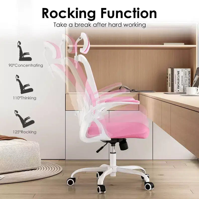 Sedia da Ufficio con Ruote, Braccioli Ribaltabili, Poggiatesta Regolabile e Supporto Lombare – Nero / Grigio / Cachi / Rosa / Bianco / Multicolore, Singola