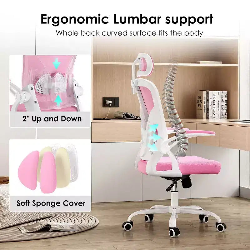 Sedia da Ufficio con Ruote, Braccioli Ribaltabili, Poggiatesta Regolabile e Supporto Lombare – Nero / Grigio / Cachi / Rosa / Bianco / Multicolore, Singola