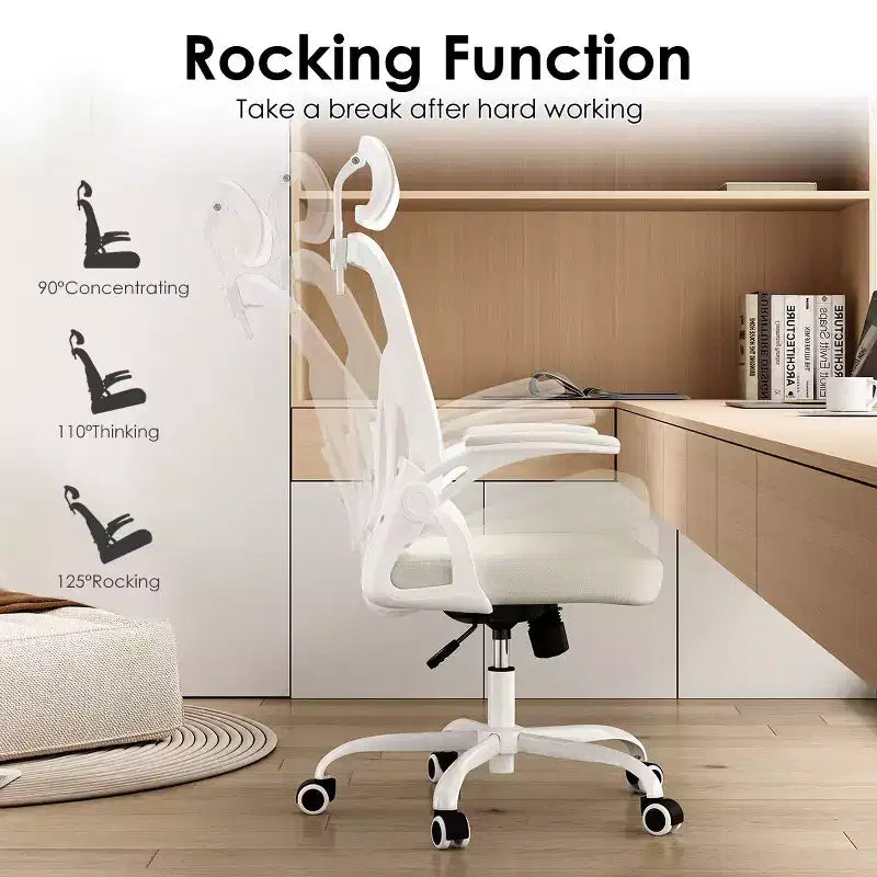 Sedia da Ufficio con Ruote, Braccioli Ribaltabili, Poggiatesta Regolabile e Supporto Lombare – Nero / Grigio / Cachi / Rosa / Bianco / Multicolore, Singola