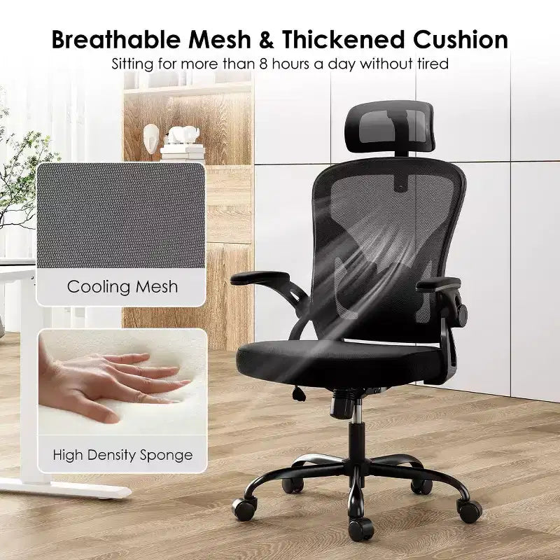 Sedia da Ufficio con Ruote, Braccioli Ribaltabili, Poggiatesta Regolabile e Supporto Lombare – Nero / Grigio / Cachi / Rosa / Bianco / Multicolore, Singola