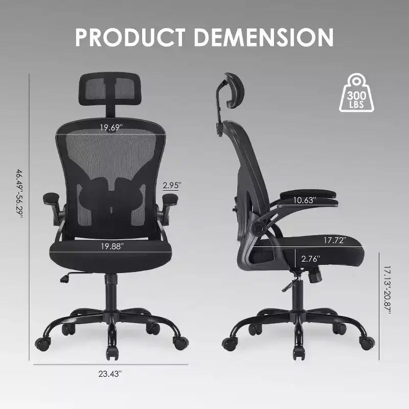 Sedia da Ufficio con Ruote, Braccioli Ribaltabili, Poggiatesta Regolabile e Supporto Lombare – Nero / Grigio / Cachi / Rosa / Bianco / Multicolore, Singola