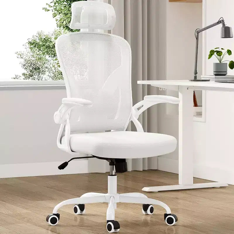 Sedia da Ufficio con Ruote, Braccioli Ribaltabili, Poggiatesta Regolabile e Supporto Lombare – Nero / Grigio / Cachi / Rosa / Bianco / Multicolore, Singola
