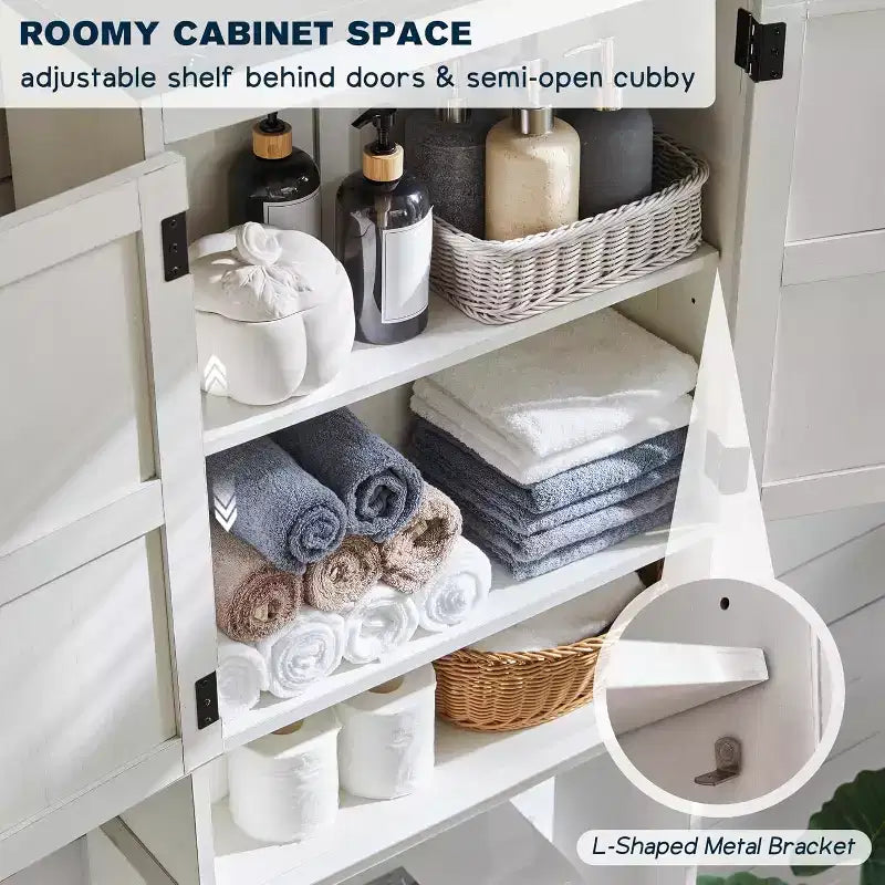 Mobiletto da bagno salvaspazio da terra sopra WC, con doppie ante, da assemblare in 1 persona, in stile rustico bianco