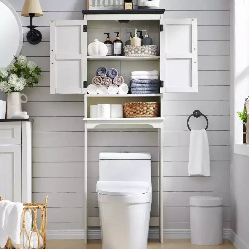 Mobiletto da bagno salvaspazio da terra sopra WC, con doppie ante, da assemblare in 1 persona, in stile rustico bianco
