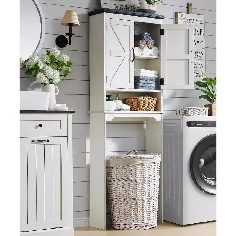 Mobiletto da bagno salvaspazio da terra sopra WC, con doppie ante, da assemblare in 1 persona, in stile rustico bianco
