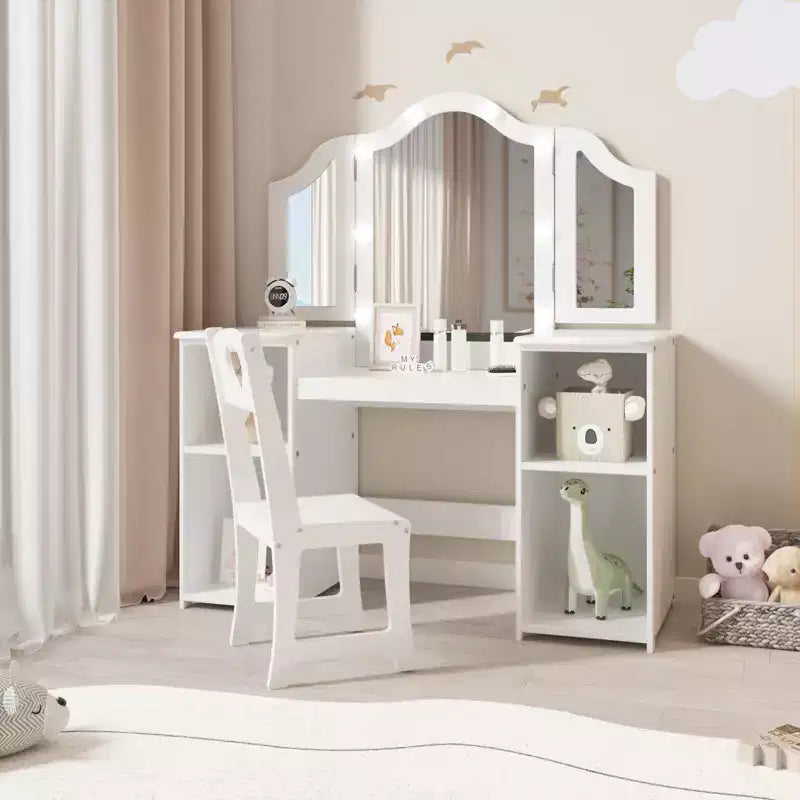 Toeletta e Sedia per Bambini Rosa/Bianca, Specchio Tri-Folding, per 1 Bambino