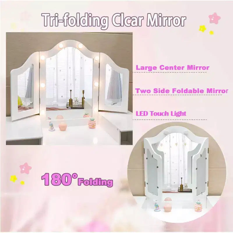 Toeletta e Sedia per Bambini Rosa/Bianca, Specchio Tri-Folding, per 1 Bambino