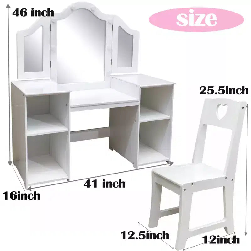 Toeletta e Sedia per Bambini Rosa/Bianca, Specchio Tri-Folding, per 1 Bambino