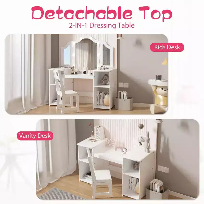 Toeletta e Sedia per Bambini Rosa/Bianca, Specchio Tri-Folding, per 1 Bambino