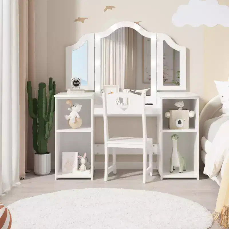 Toeletta e Sedia per Bambini Rosa/Bianca, Specchio Tri-Folding, per 1 Bambino