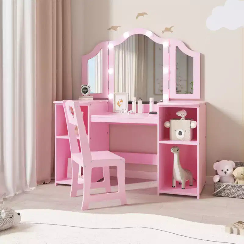 Toeletta e Sedia per Bambini Rosa/Bianca, Specchio Tri-Folding, per 1 Bambino