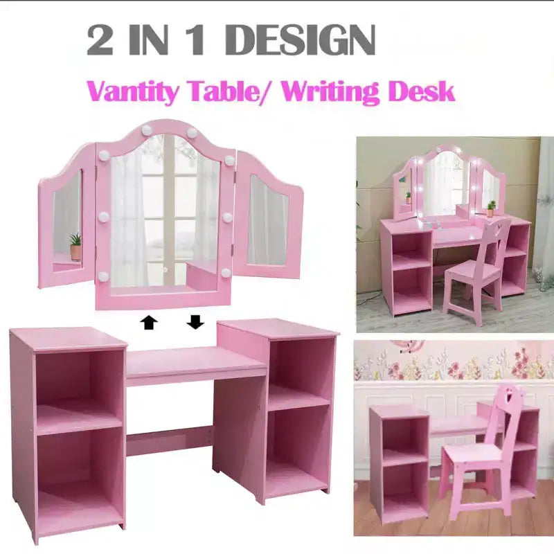 Toeletta e Sedia per Bambini Rosa/Bianca, Specchio Tri-Folding, per 1 Bambino