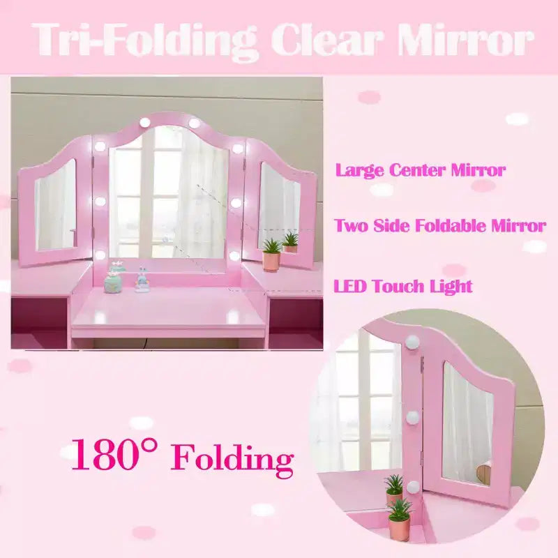 Toeletta e Sedia per Bambini Rosa/Bianca, Specchio Tri-Folding, per 1 Bambino