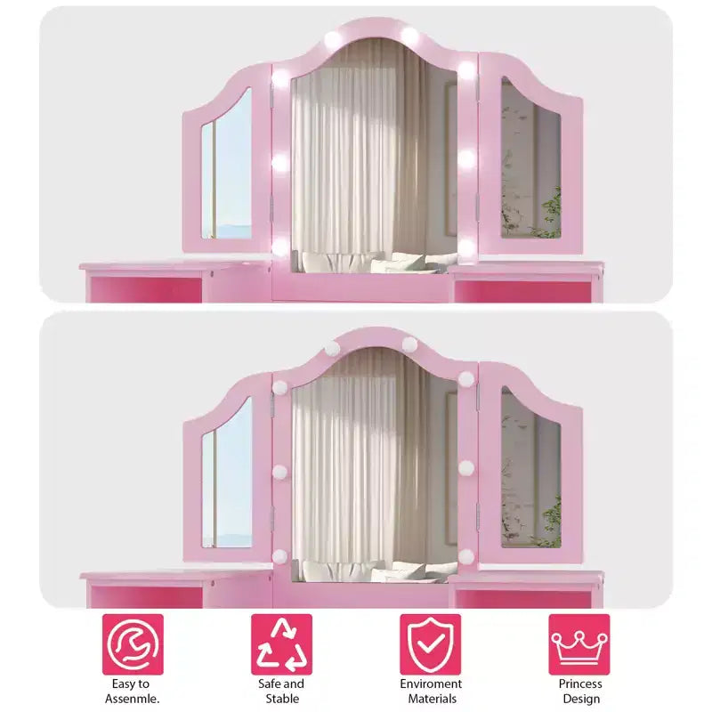 Toeletta e Sedia per Bambini Rosa/Bianca, Specchio Tri-Folding, per 1 Bambino