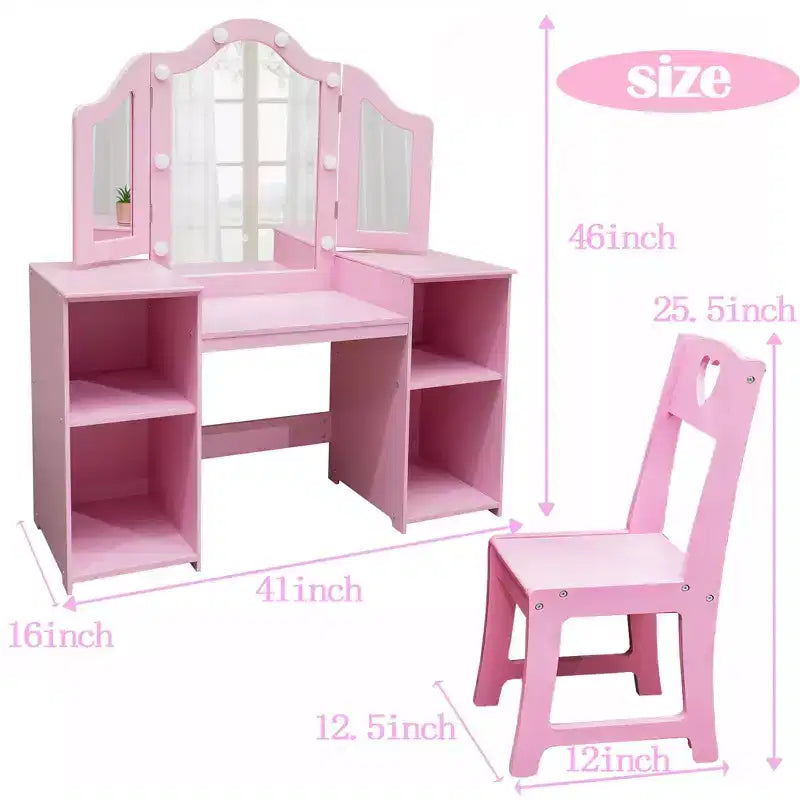 Toeletta e Sedia per Bambini Rosa/Bianca, Specchio Tri-Folding, per 1 Bambino