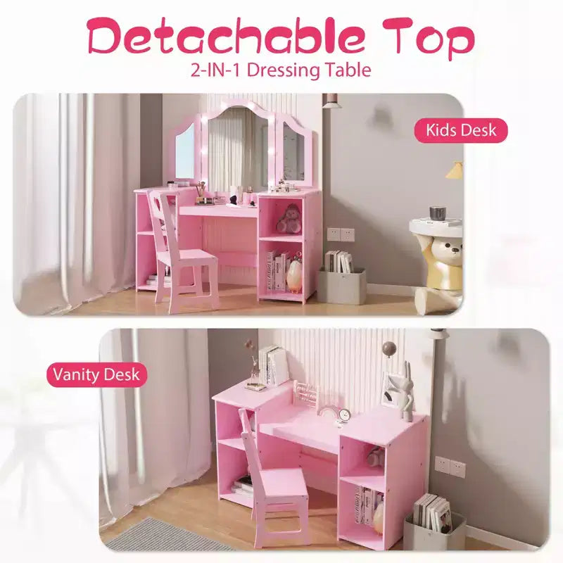 Toeletta e Sedia per Bambini Rosa/Bianca, Specchio Tri-Folding, per 1 Bambino