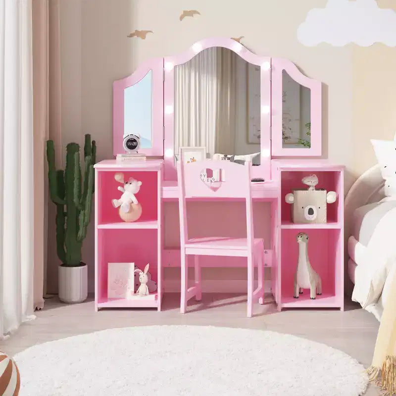 Toeletta e Sedia per Bambini Rosa/Bianca, Specchio Tri-Folding, per 1 Bambino