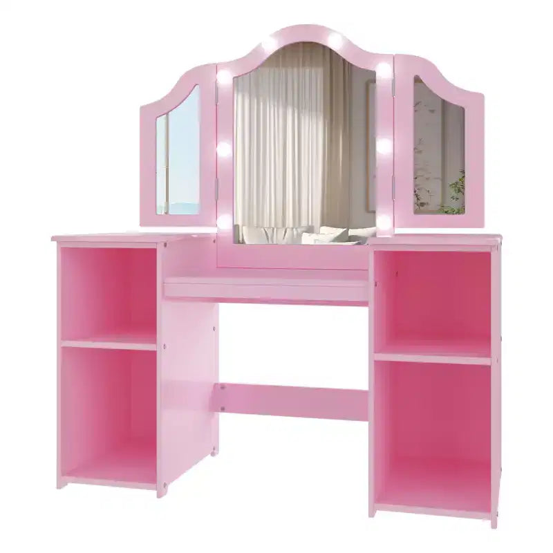 Kids Vanity Table and Chair Set, Princess Makeup Table and Chair Set, Detachable Tri-Folding Mirror, Wooden Kid Makeup Dressing Table, for Bedroom