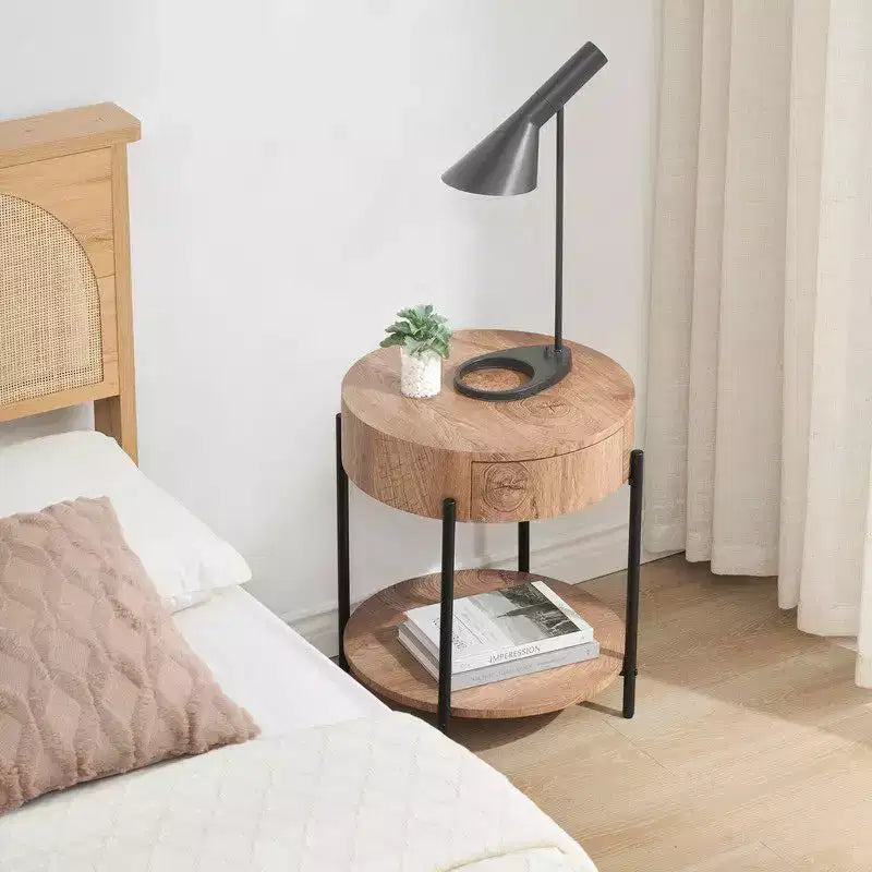 Tavolino rotondo a 2 ripiani con cassetto – Struttura in metallo e piano in legno
