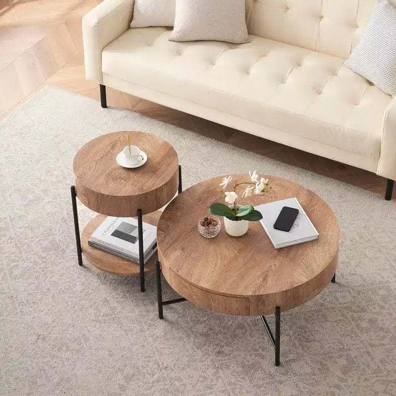 Tavolino rotondo a 2 ripiani con cassetto – Struttura in metallo e piano in legno