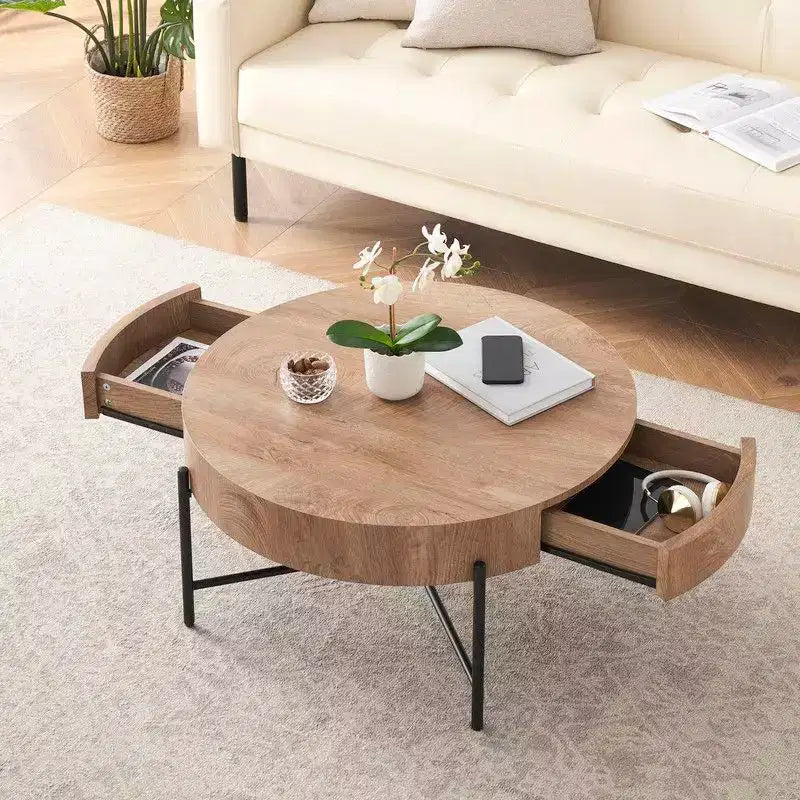 Tavolino rotondo a 2 ripiani con cassetto – Struttura in metallo e piano in legno