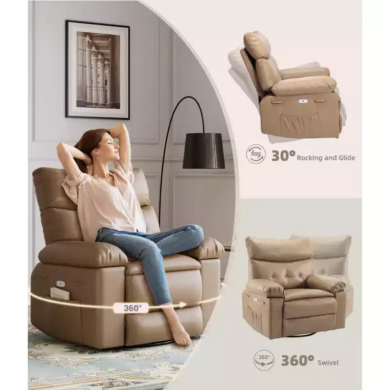 Poltrona reclinabile in pelle PU, girevole a 360°, monoposto – Marrone / Nero / Beige / Grigio / Cachi