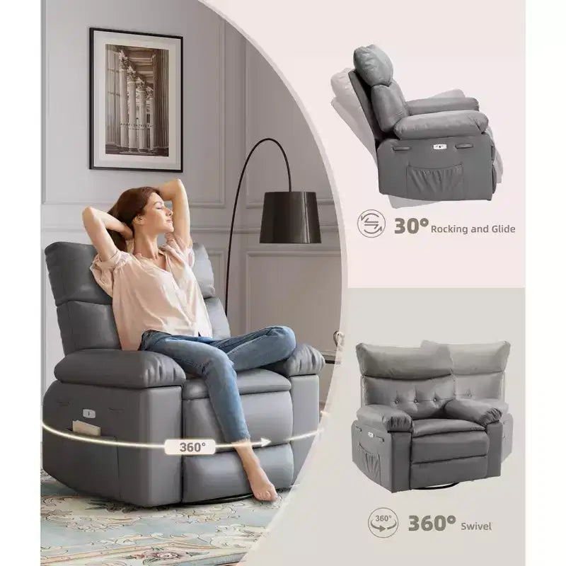 Poltrona reclinabile in pelle PU, girevole a 360°, monoposto – Marrone / Nero / Beige / Grigio / Cachi