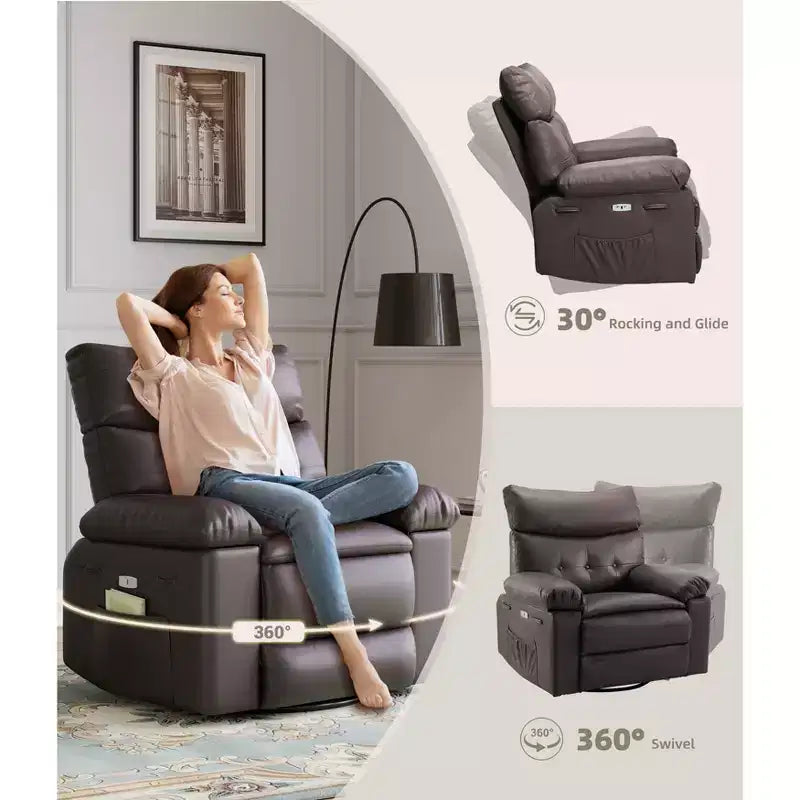 Poltrona reclinabile in pelle PU, girevole a 360°, monoposto – Marrone / Nero / Beige / Grigio / Cachi