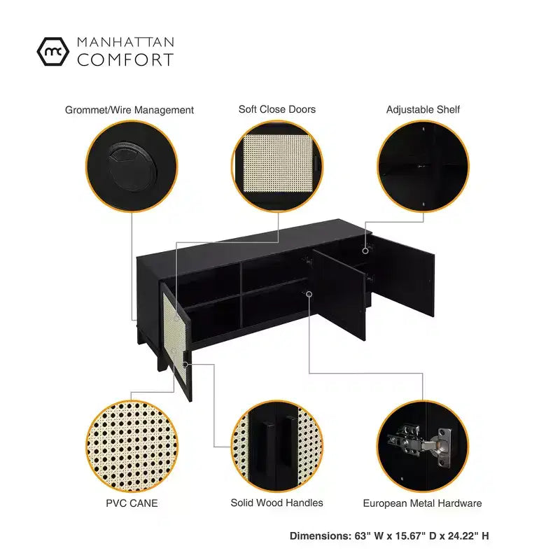 Mobile TV in Canna Naturale e MDF, 3 ante, adatto fino a 55", Montaggio per 1 persona