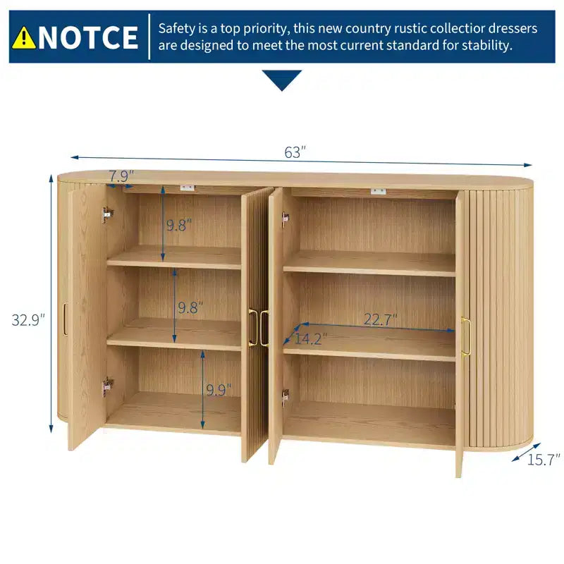 Credenza marrone con scanalature in legno, mobile contenitore a 4 ante per 1 spazio