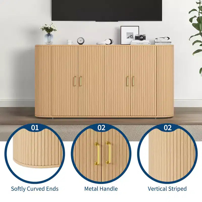 Credenza marrone con scanalature in legno, mobile contenitore a 4 ante per 1 spazio