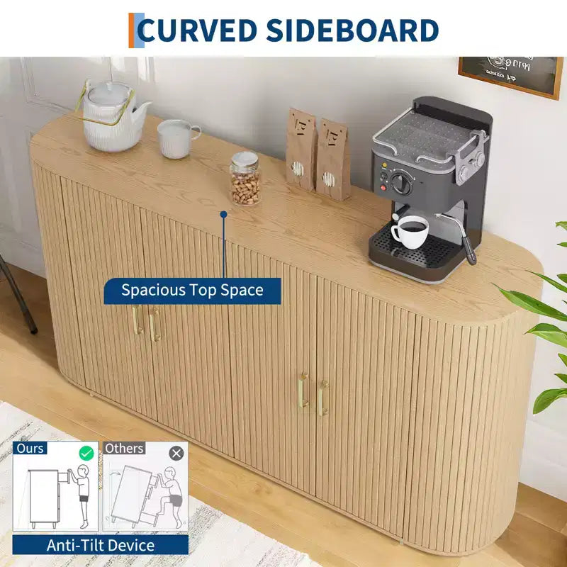Credenza marrone con scanalature in legno, mobile contenitore a 4 ante per 1 spazio
