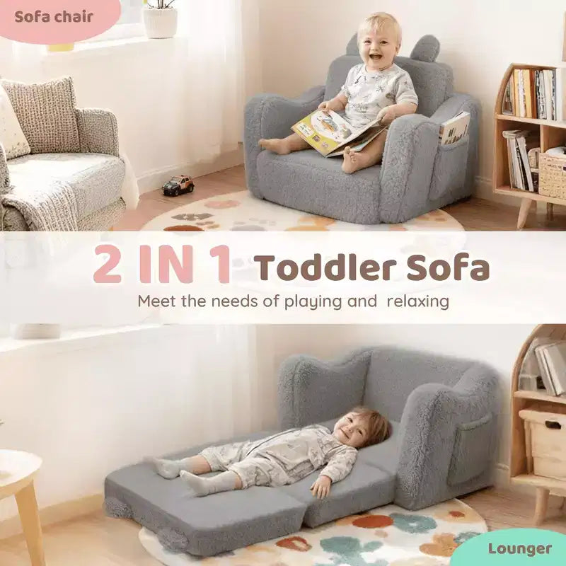 Poltrona divano pieghevole 2 in 1 per bambini, grigio/rosa