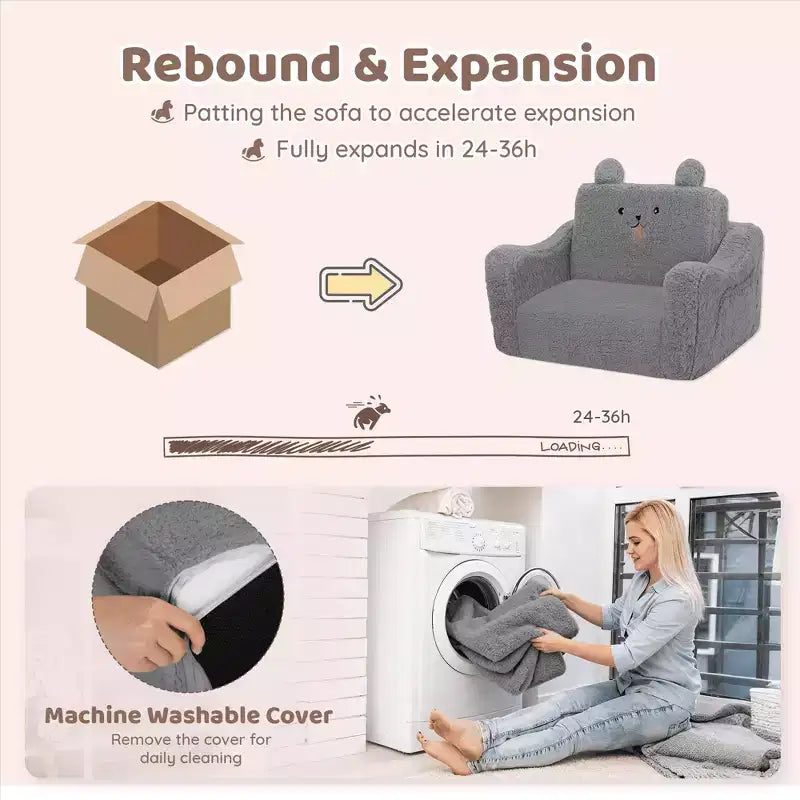 Poltrona divano pieghevole 2 in 1 per bambini, grigio/rosa