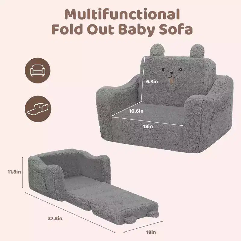 Poltrona divano pieghevole 2 in 1 per bambini, grigio/rosa