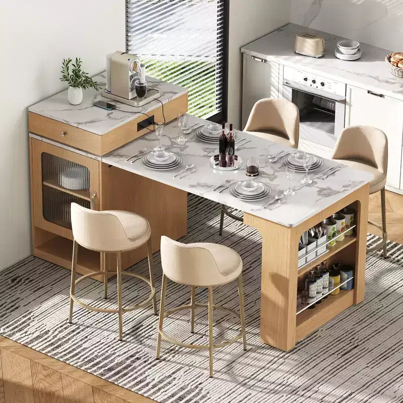 Carrello da Cucina Isola Nero / Naturale / Bianco con Tavolo Estensibile, Spazio Contenitore e Presa di Corrente, per 1–2 Persone