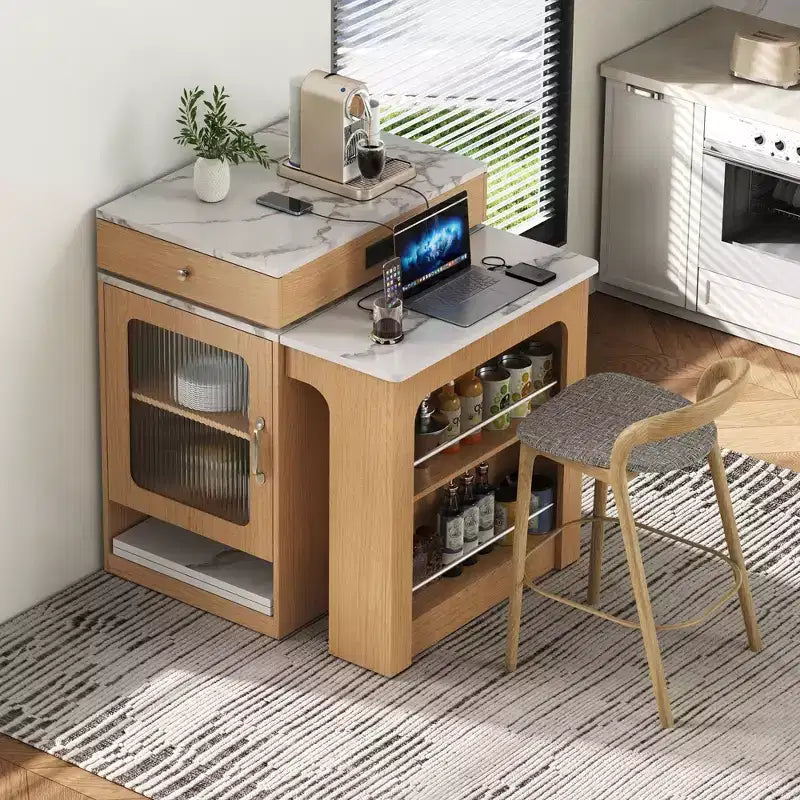 Carrello da Cucina Isola Nero / Naturale / Bianco con Tavolo Estensibile, Spazio Contenitore e Presa di Corrente, per 1–2 Persone