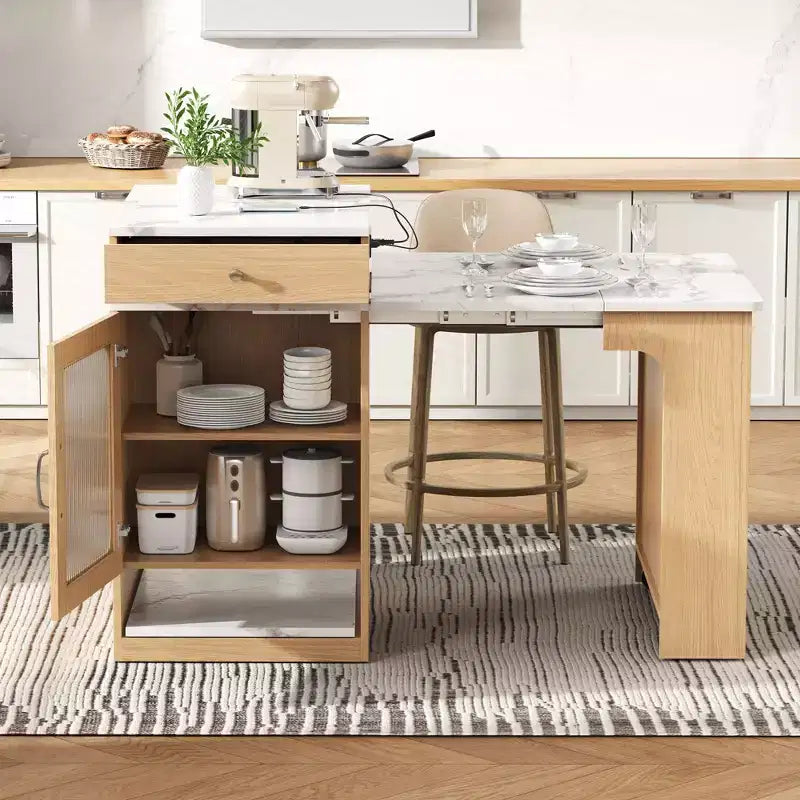 Carrello da Cucina Isola Nero / Naturale / Bianco con Tavolo Estensibile, Spazio Contenitore e Presa di Corrente, per 1–2 Persone
