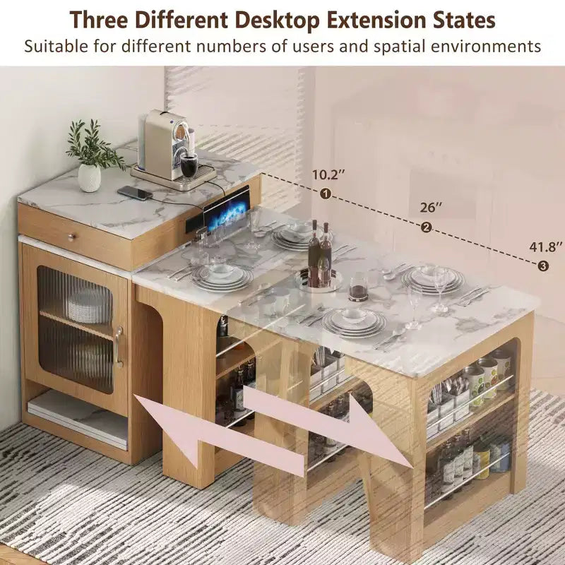 Carrello da Cucina Isola Nero / Naturale / Bianco con Tavolo Estensibile, Spazio Contenitore e Presa di Corrente, per 1–2 Persone