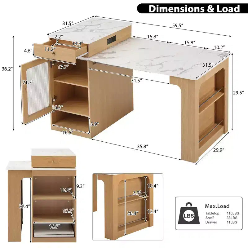 Carrello da Cucina Isola Nero / Naturale / Bianco con Tavolo Estensibile, Spazio Contenitore e Presa di Corrente, per 1–2 Persone