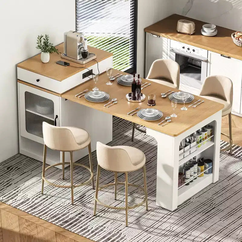Carrello da Cucina Isola Nero / Naturale / Bianco con Tavolo Estensibile, Spazio Contenitore e Presa di Corrente, per 1–2 Persone