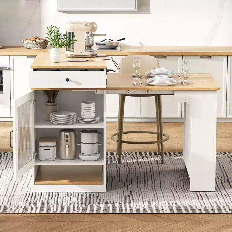 Carrello da Cucina Isola Nero / Naturale / Bianco con Tavolo Estensibile, Spazio Contenitore e Presa di Corrente, per 1–2 Persone