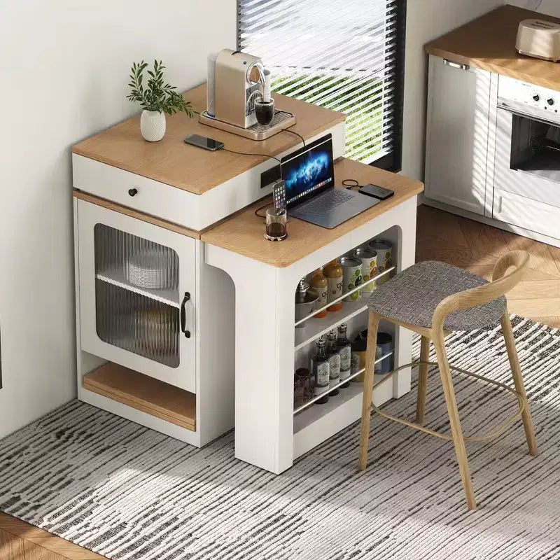 Carrello da Cucina Isola Nero / Naturale / Bianco con Tavolo Estensibile, Spazio Contenitore e Presa di Corrente, per 1–2 Persone
