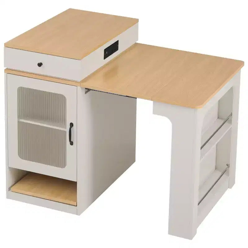 Carrello da Cucina Isola Nero / Naturale / Bianco con Tavolo Estensibile, Spazio Contenitore e Presa di Corrente, per 1–2 Persone