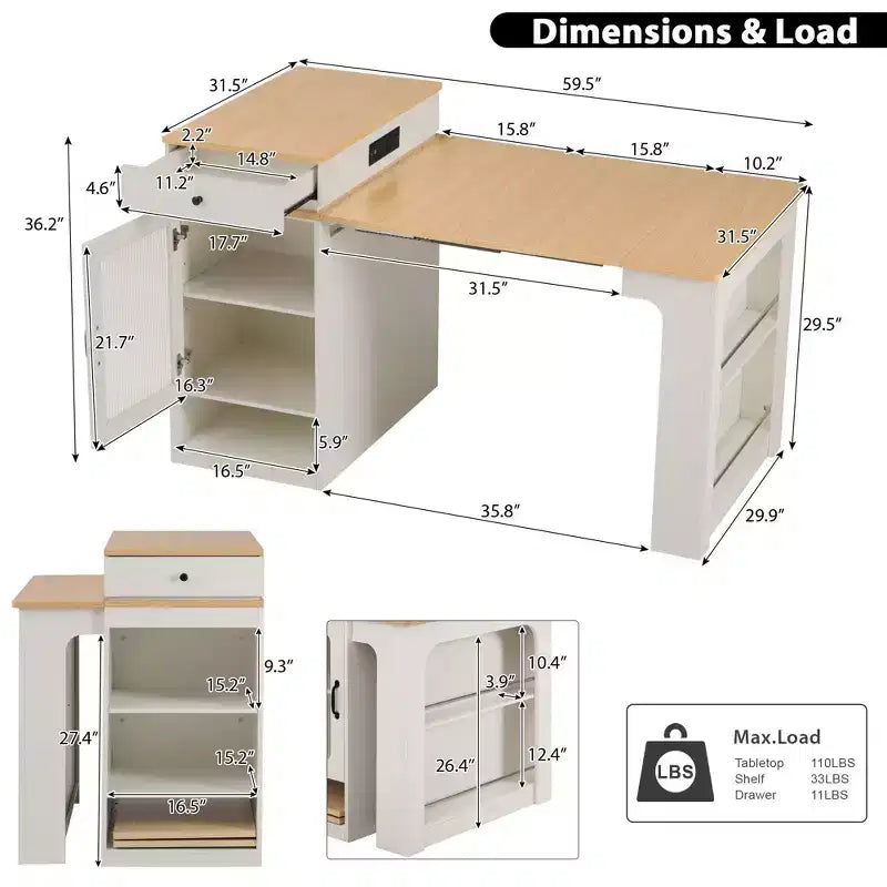 Carrello da Cucina Isola Nero / Naturale / Bianco con Tavolo Estensibile, Spazio Contenitore e Presa di Corrente, per 1–2 Persone