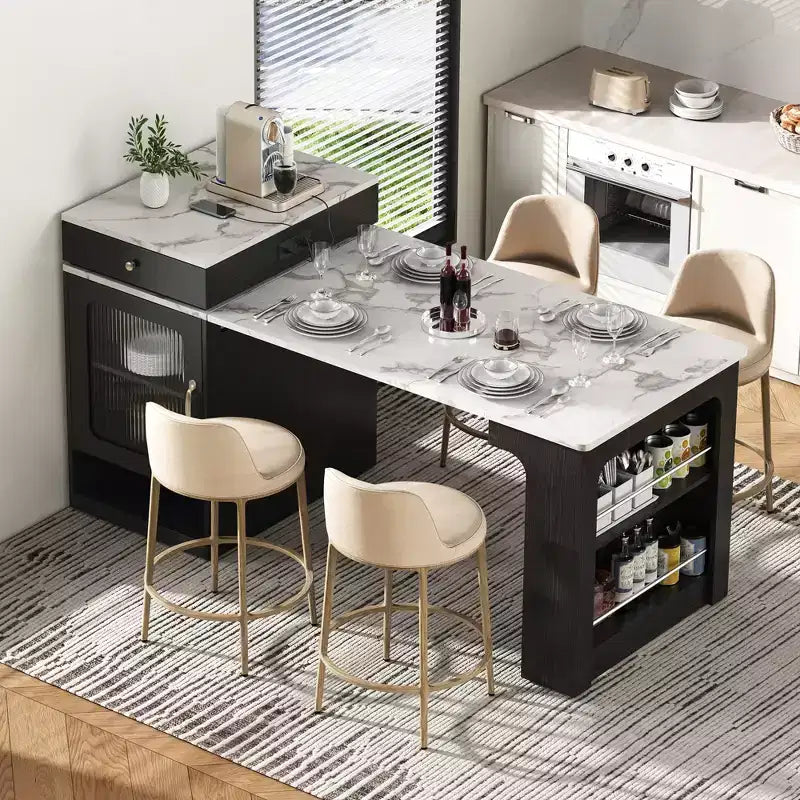 Carrello da Cucina Isola Nero / Naturale / Bianco con Tavolo Estensibile, Spazio Contenitore e Presa di Corrente, per 1–2 Persone
