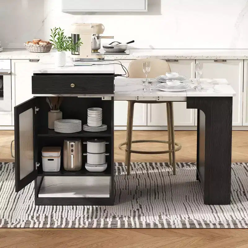 Carrello da Cucina Isola Nero / Naturale / Bianco con Tavolo Estensibile, Spazio Contenitore e Presa di Corrente, per 1–2 Persone