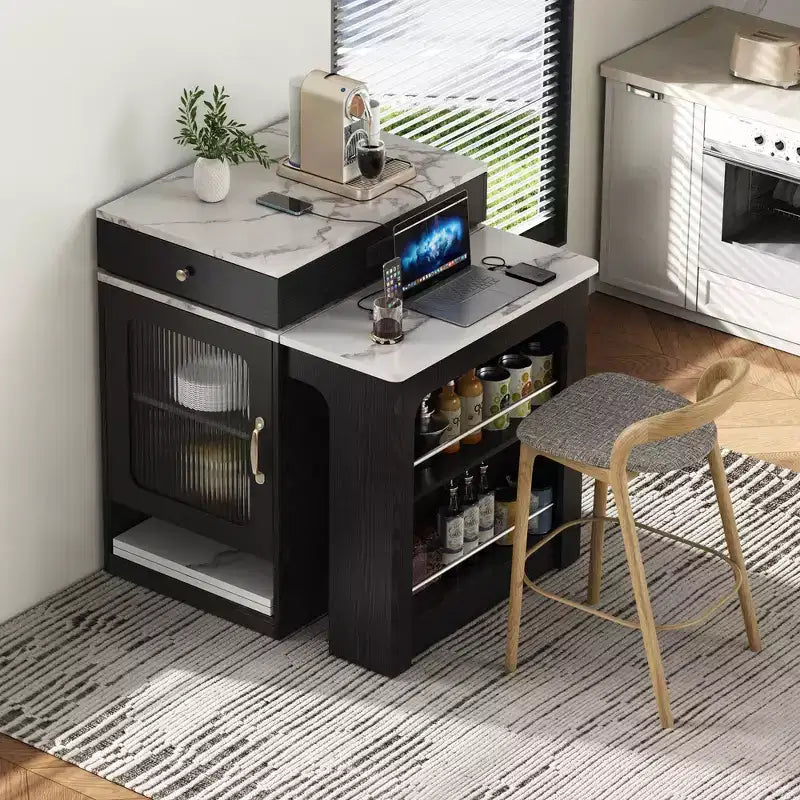 Carrello da Cucina Isola Nero / Naturale / Bianco con Tavolo Estensibile, Spazio Contenitore e Presa di Corrente, per 1–2 Persone