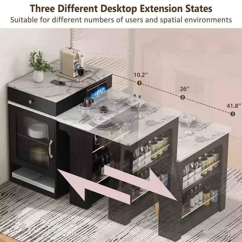 Carrello da Cucina Isola Nero / Naturale / Bianco con Tavolo Estensibile, Spazio Contenitore e Presa di Corrente, per 1–2 Persone