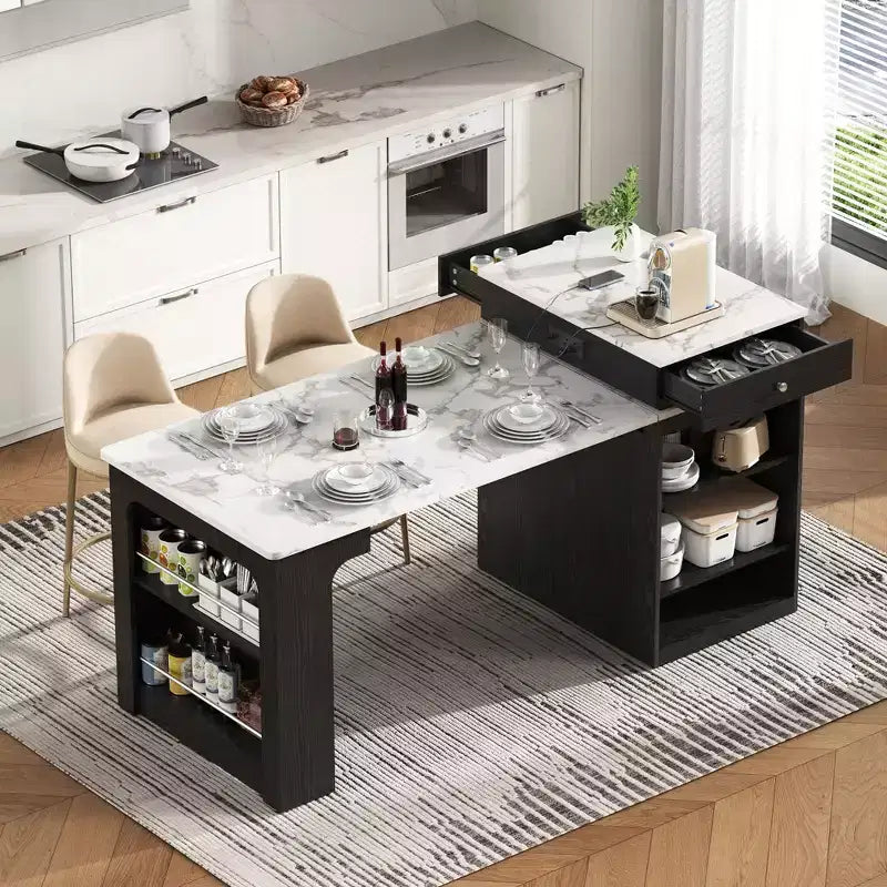 Carrello da Cucina Isola Nero / Naturale / Bianco con Tavolo Estensibile, Spazio Contenitore e Presa di Corrente, per 1–2 Persone